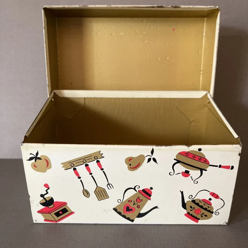 Vintage Metal Tin Recipe Box Midcentury Farmhouse Retro Kitchen Decor Gold‎
